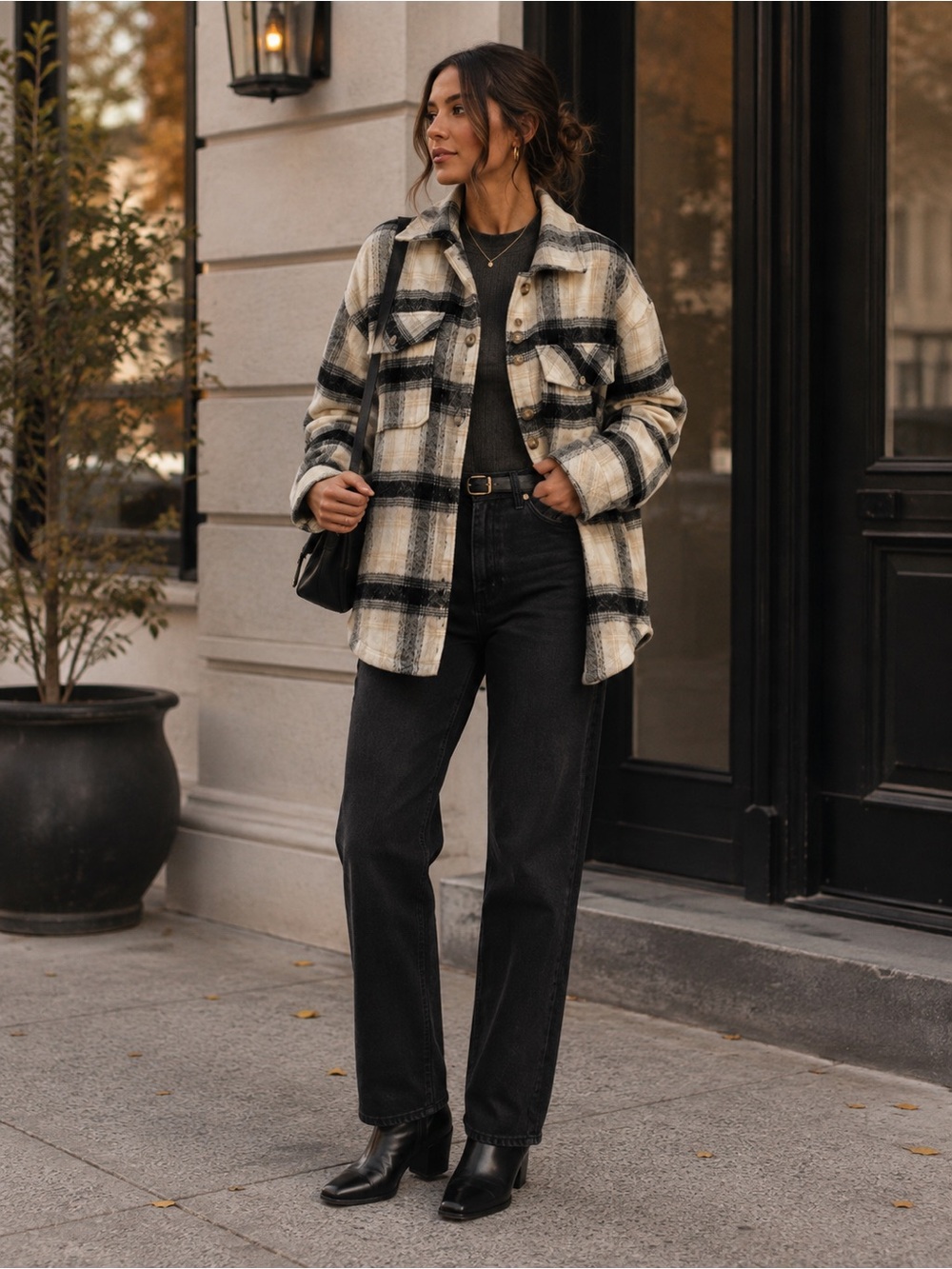 Garage Cream Black Plaid Oversized Quilted Shacket Jacket
